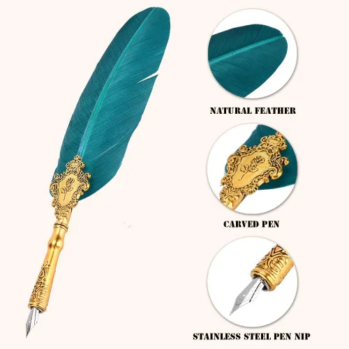 Miniatura 5 de AYNEFY Juego de bolígrafos de plumas, pluma de inmersión vintage, pluma de caligrafía con 5 puntas de repuesto, base de punta de pluma, botella