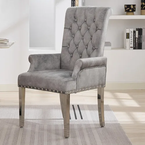 WUTUTUEE Silla de comedor de terciopelo con brazos, sillas de comedor tapizadas acolchadas de respaldo alto, sillón decorativo con patas cromadas y