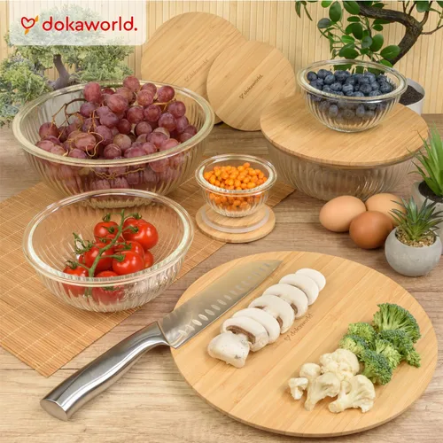 Miniatura 8 de Juego apilable de 5 cuencos de vidrio anidados para ahorrar espacio con tapas de bambú para preparación de alimentos, almacenamiento, horneado