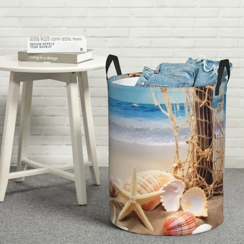 Miniatura 8 de Cesta circular impermeable con estampado de estrellas de mar y conchas marinas, cesta organizadora de ropa sucia con asas para ropa, juguetes