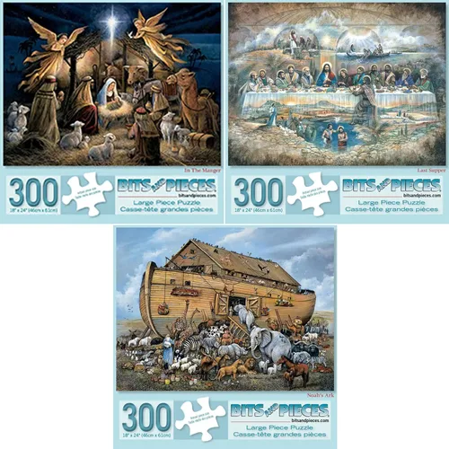 Bits and Pieces - Juego de tres rompecabezas de 300 piezas para adultos - Rompecabezas cristiano grande de 300 piezas por el artista Ruane Manning -