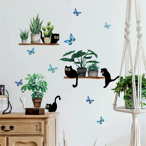 Miniatura 4 de Calcomanías de pared de gatito negro con diseño de plantas verdes en maceta, diseño de animales de dibujos animados de sacinora para bricolaje