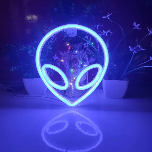 Miniatura 2 de JYWJ Luz de neón alienígena, USB o 3 pilas AA, decoración de pared de escritorio LED, varias fiestas, decoración de locales comerciales (azul)