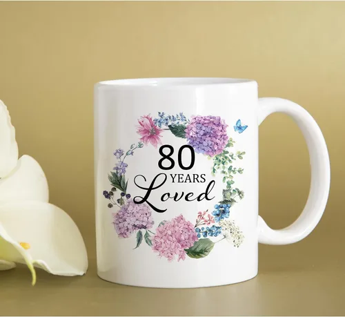 Miniatura 4 de 80 Years Loved - Taza de cerámica blanca con estampado de letras de 11 onzas, regalo de cumpleaños 80 para mujeres