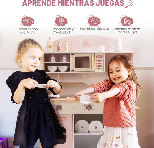 Miniatura 6 de ROBOTIME Juego de cocina de madera, juego de cocina de juego de simulación para niños con diseño realista, juego de cocina para niños y niños Rosa