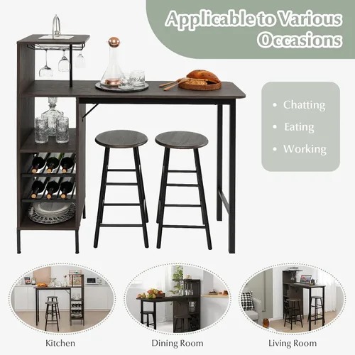 Miniatura 6 de Giantex Juego de mesa de bar y taburetes de 3 piezas, juego de mesa de bistró con soporte para vidrio, estante de vino de 2 niveles y estantes
