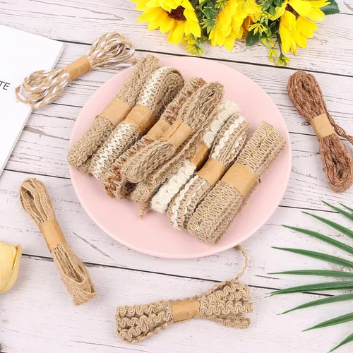 Miniatura 5 de KIMOBER 12 rollos de cintas de yute para manualidades, cinta de encaje de arpillera natural, 24 yardas, rústico, bohemio, vintage, surtido