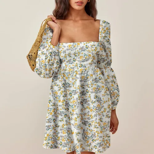 Miniatura 3 de EXLURA - Vestido de cuello cuadrado para mujer con manga larga abombada acampanado casual corto