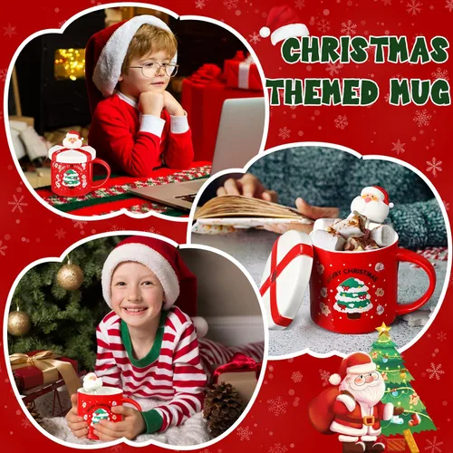 Miniatura 6 de Tazas de Navidad de Suttmin con tapa y cuchara, tazas de café de Navidad de porcelana, lindas tazas de té de Santa de cerámica con caja de regalo