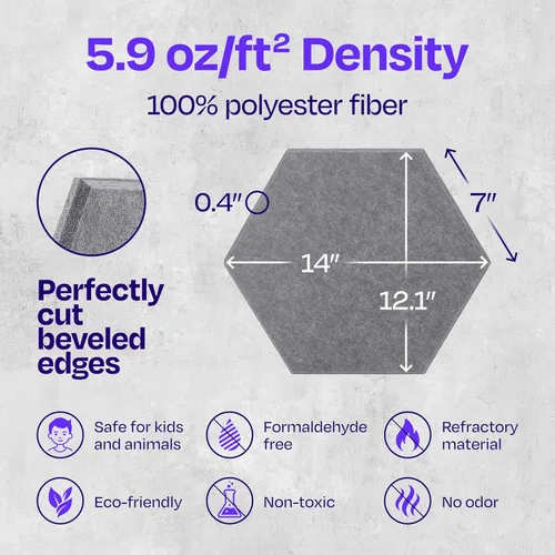 Miniatura 6 de Paneles insonorizantes de alta densidad para pared, forma hexagonal, paquete de 12 unidades de 14" x 12.1" x 0.4", color gris guijarro
