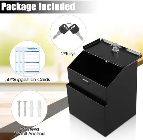 Miniatura 3 de KYODOLED Caja de sugerencias con candado y 50 tarjetas de sugerencia gratis, boleta de metal montada en la pared, caja de donación y colección