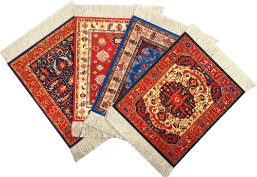 Juego de 4 posavasos para alfombra turca, mini alfombrillas antideslizantes con flecos, protectores y decorativos para el hogar u oficina, accesorio