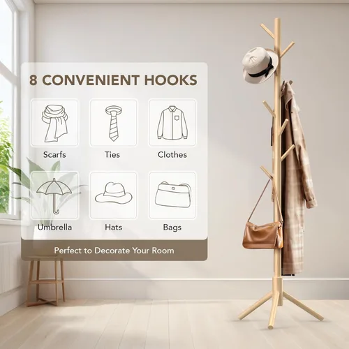Miniatura 6 de Hupmad - Perchero de árbol de madera, perchero resistente independiente con 8 ganchos, 3 alturas ajustables para niños y adultos, árbol de pie