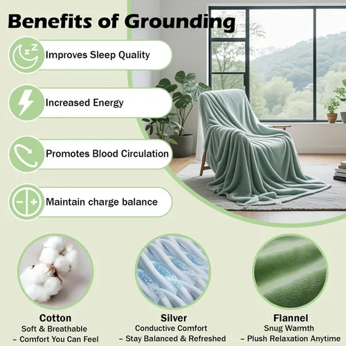 Miniatura 6 de Manta de conexión a tierra plateada con fibra de plata para cama, sofá, silla con cable de 15 pies (50"x60", verde)