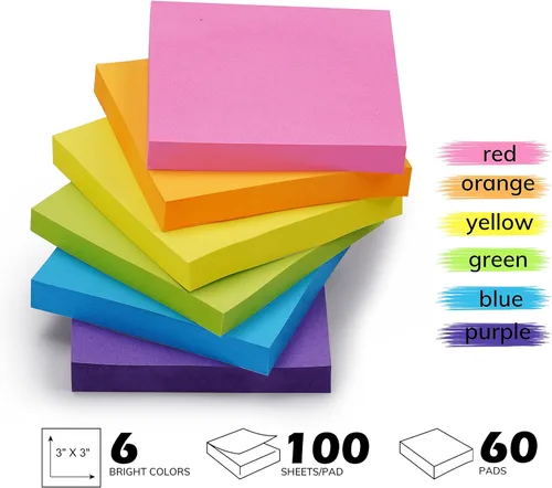 Miniatura 2 de Notas adhesivas a granel, 60 blocs de notas adhesivas, 3 x 3 pulgadas, 100 hojas/bloc, paquete de notas de colores brillantes surtidos, gran poder