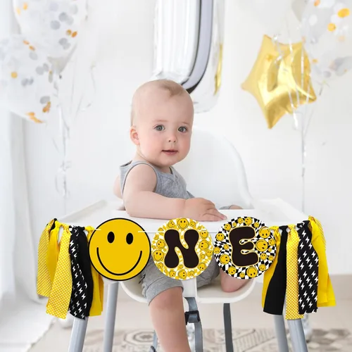 Miniatura 6 de Therwen Cartel para silla alta de One Happy Dude - Cartel de primer cumpleaños con cara de sonrisa y rayo, suministros de fiesta hippie para niños