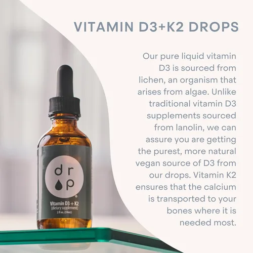 Miniatura 4 de Drop Vitamina D3 + K2 gotas líquidas, 1000 UI Vegan D3 de liquen, 45 mcg K2 (MK-4 y MK-7), con aceite de coco MCT orgánico, apoyo óseo e