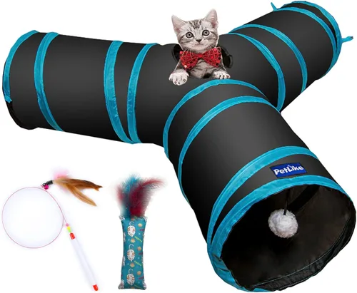 Miniatura 9 de PetLike Túnel para gatos (con juguete interactivo para gatos y juguete de hierba gatera) para gatos de interior, tubo plegable para mascotas, Negro