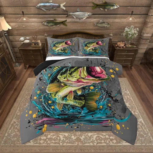 Miniatura 34 de Juego de ropa de cama King para casa del lago, juego de edredón de paleta de madera retro para regalos para amantes del lago, inserto de edredón
