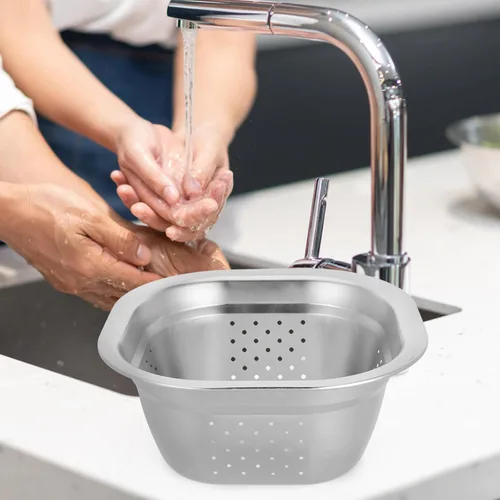 Miniatura 5 de VOSAREA Lavabo cuadrado de acero inoxidable, colador de metal, colador cuadrado de gran capacidad, para frutas, cocina, lavado de verduras