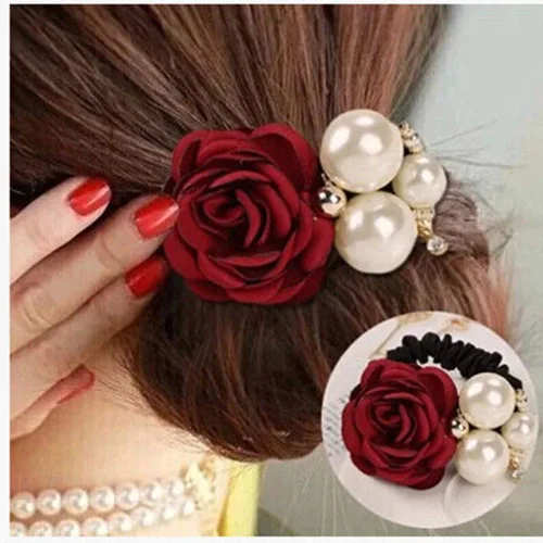 Miniatura 6 de LOVEF 4pcs Coreano Moda Perla Cuerda De Pelo Rosa Flor Rhinestone Lazos/Joyería Banda De Caucho