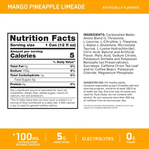 Miniatura 2 de Optimum Nutrition Amino Energy - Bebida de hidratación espumosa, electrolitos, cafeína, aminoácidos, BCAAs, sin azúcar, limonada de mango y piña, 12
