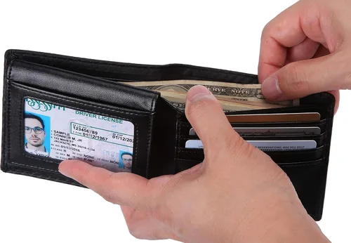Miniatura 5 de NUMBER.WU 2 ID ventana carteras para hombres bloqueo RFID hombres de fibra de carbono doble cuero genuino trifold cartera para hombre, Negro, M