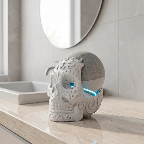 Miniatura 3 de impremli Base para Alexa Echo Dot 4G y 5G tipo calavera ornamental (blanco granito)