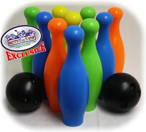 Miniatura 6 de Matty's Toy Stop 10 Pin Multi-Color Juego de bolos de plástico de lujo para los niños con el estante de almacenamiento, 12 Piezas Total
