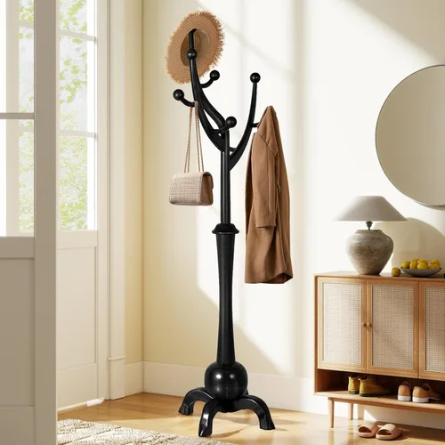 Miniatura 8 de Perchero de Madera Independiente con 8 Ganchos, Soporte para Abrigos de Servicio Pesado con Base Estable, Perchero Vintage de Pie para Entrada
