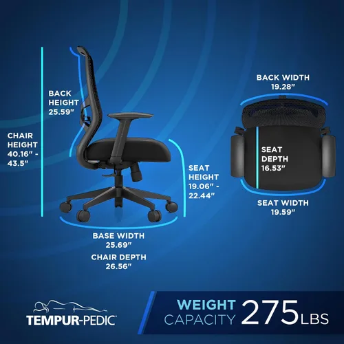 Miniatura 2 de Tempur-Pedic ProTask - Silla de oficina ejecutiva con capa de gel refrescante y soporte lumbar integrado, silla de escritorio ergonómica de malla