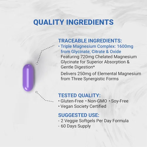 Miniatura 3 de Naturalis Complejo vegano de triple magnesio Glicinato quelado, citrato y óxido de 1600 mg ofrece 250 mg de magnesio elemental Fácil de absorber