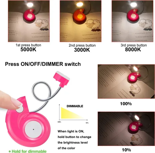 Miniatura 3 de Luz de libro, lámpara LED de lectura con clip, recargable por USB, 3 brillos regulables, magenta