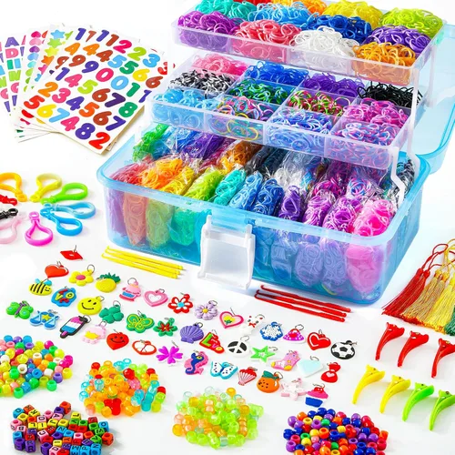 INSCRAFT Más de 17500 bandas de goma con contenedor azul de 3 capas, 28 colores, 600 clips en S, 352 cuentas, 40 colgantes de dibujos animados, kit