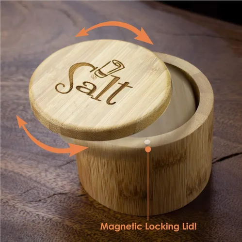 Miniatura 4 de Totally Bamboo Salero de almacenamiento de bambú con tapa giratoria magnética, grabado con sal en la tapa, capacidad de 6 onzas Grabado "Salt Shaker