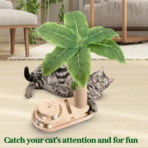 Miniatura 5 de Meowoou Rascador para gatos con juguete interactivo con bola colgante para gatitos de interior, base de 2 capas, pista de bola de madera, poste