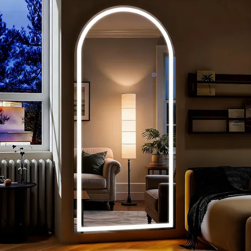Miniatura 15 de Espejo LED de longitud completa, 30 x 71 pulgadas, espejo de cuerpo completo de vidrio templado con atenuación e iluminación de 3 colores de pie