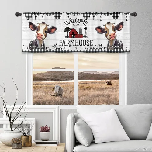Cortinas de cocina rústica Cinbloo de 52 pulgadas de ancho x 18 pulgadas de alto, bolsillo para barra, diseño de vaca occidental, cenefa campestre,