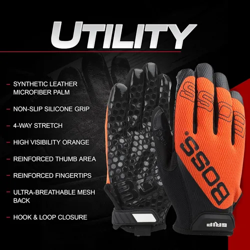 Miniatura 2 de Boss - Guantes de trabajo de seguridad de microfibra sintética de alta visibilidad con agarre de silicona, parte trasera de malla, agarre