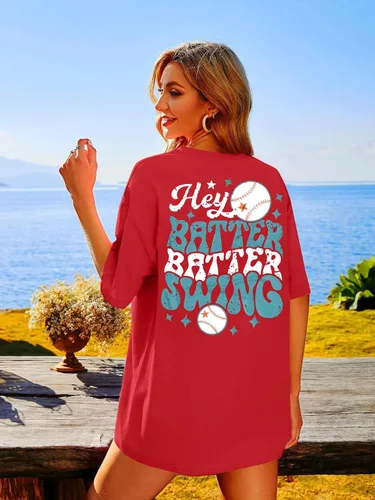 Miniatura 7 de Camiseta de béisbol para mujer, camisetas de béisbol de gran tamaño Hey Batter Batter Swing Graphic Tee Ballpark Gift Tops de manga corta