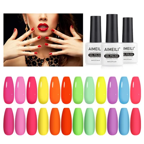 Miniatura 4 de AIMEILI Hema Free - Juego de esmaltes de uñas de gel, libre de crueldad, vegano, colección neón, 12 colores, rosa intenso, azul, amarillo, verde