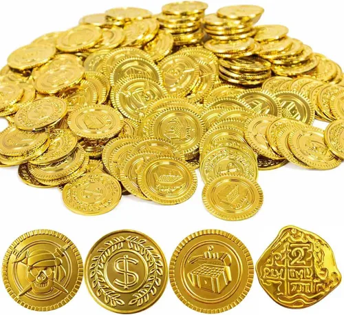 GiftExpress Monedas de oro de plástico, 144 monedas del tesoro del día de San Patricio y pirata, 4 estilos, fichas de oro falsas de 1.38 pulgadas