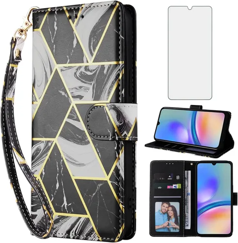 Funda tipo cartera compatible con Samsung Galaxy A25 5G y protector de pantalla de vidrio templado, correa de muñeca de cuero con tapa para