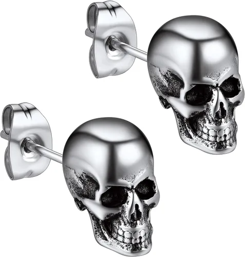 Richsteel Aretes de calavera para mujer y hombre, góticos, de acero inoxidable, chapados en oronegro, pequeño aro punk de serpientedragón