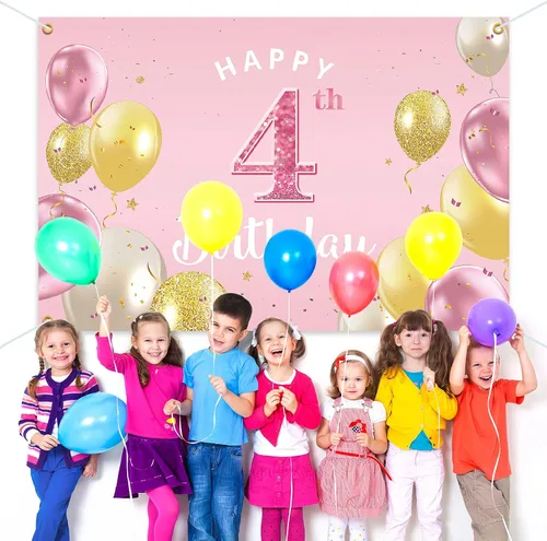 Miniatura 7 de Cartel de fondo de feliz 4º cumpleaños, suministros de decoración de fiesta de cumpleaños 4 para niñas, color rosa, 3.9 x 5.9 pies