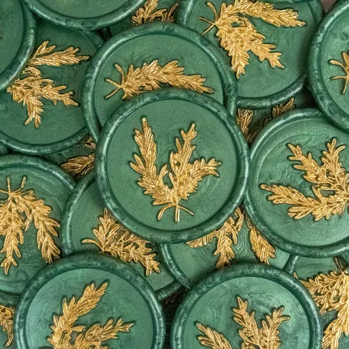 25 calcomanías de sello de cera doradas y verdes - Sellos de sobre hechos a mano, calcomanías de cera autoadhesivas para invitaciones de fiesta de