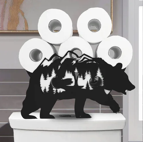 Black Bear - Soporte de papel higiénico de metal, divertido soporte de papel de animales para baños, organizador independiente con capacidad para 8