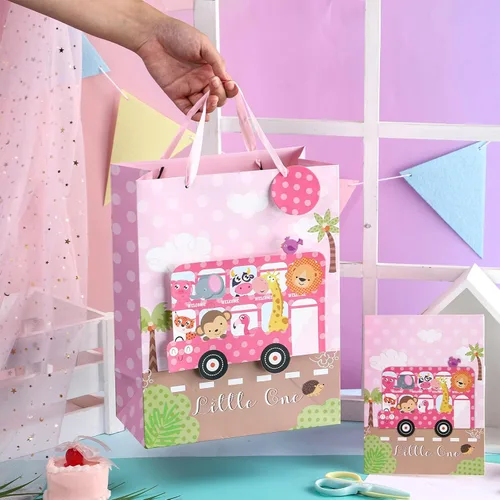 Miniatura 4 de LeZakaa Bolsa de regalo rosa de 1er cumpleaños para niños y niñas, bolsa de regalo de 13 pulgadas con papel de seda, etiqueta de regalo y tarjeta