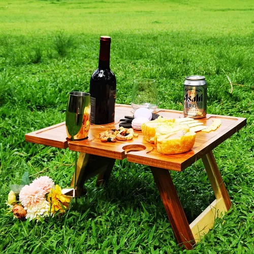 Miniatura 5 de SASIDO Mesa portátil de picnic de vino, madera de acacia, bandeja más grande plegable, tablero de charcutería, regalo de vino, decoración