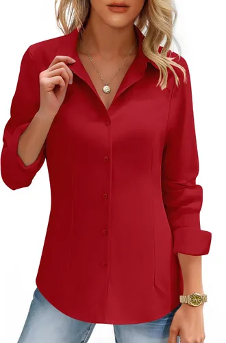 Miniatura 11 de HOTOUCH Camisas de mujer con botones de manga larga, camisa de vestir ajustada, blusas de trabajo, cuello, elegantes, casuales, de negocios